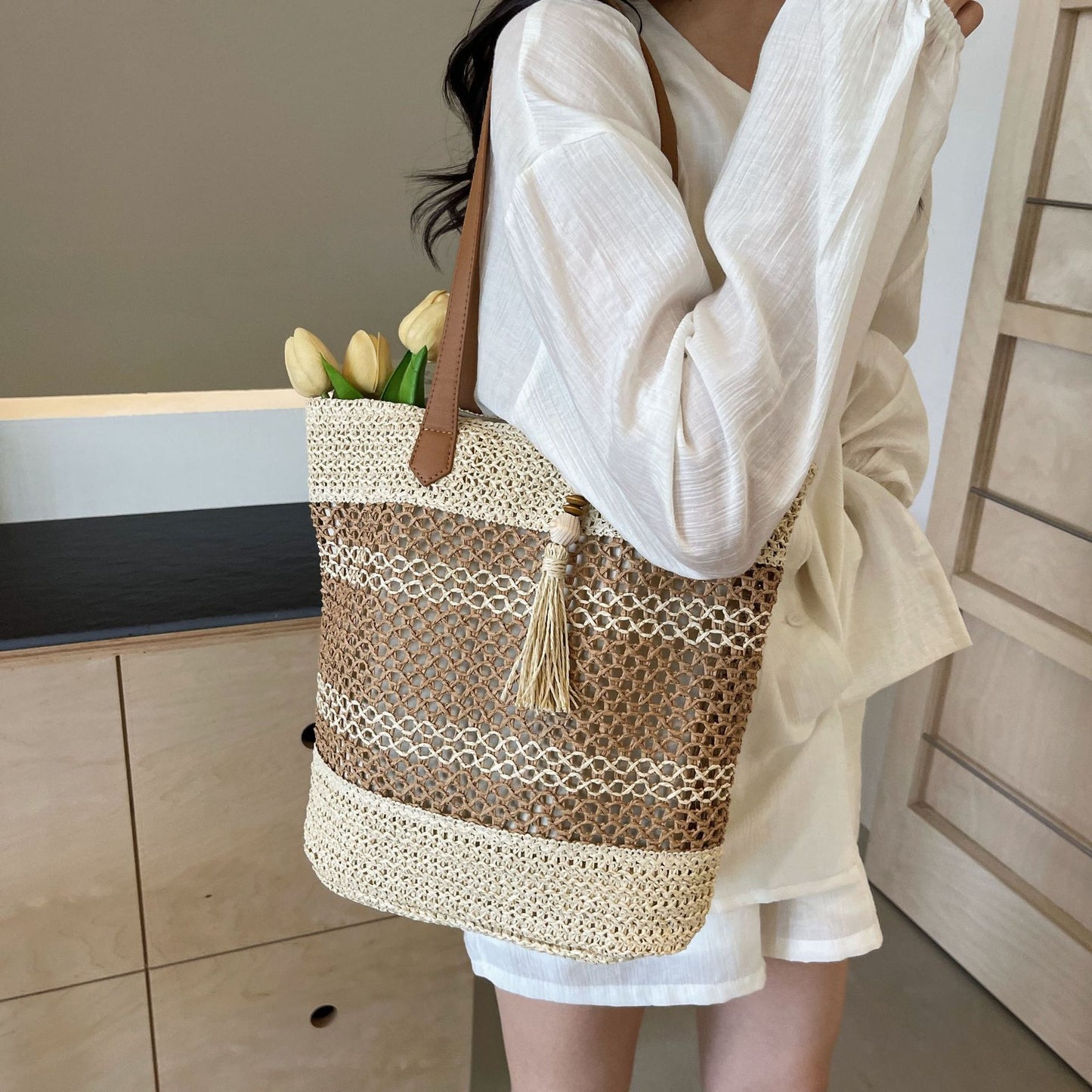 Summer Straw Tote Bag One Size